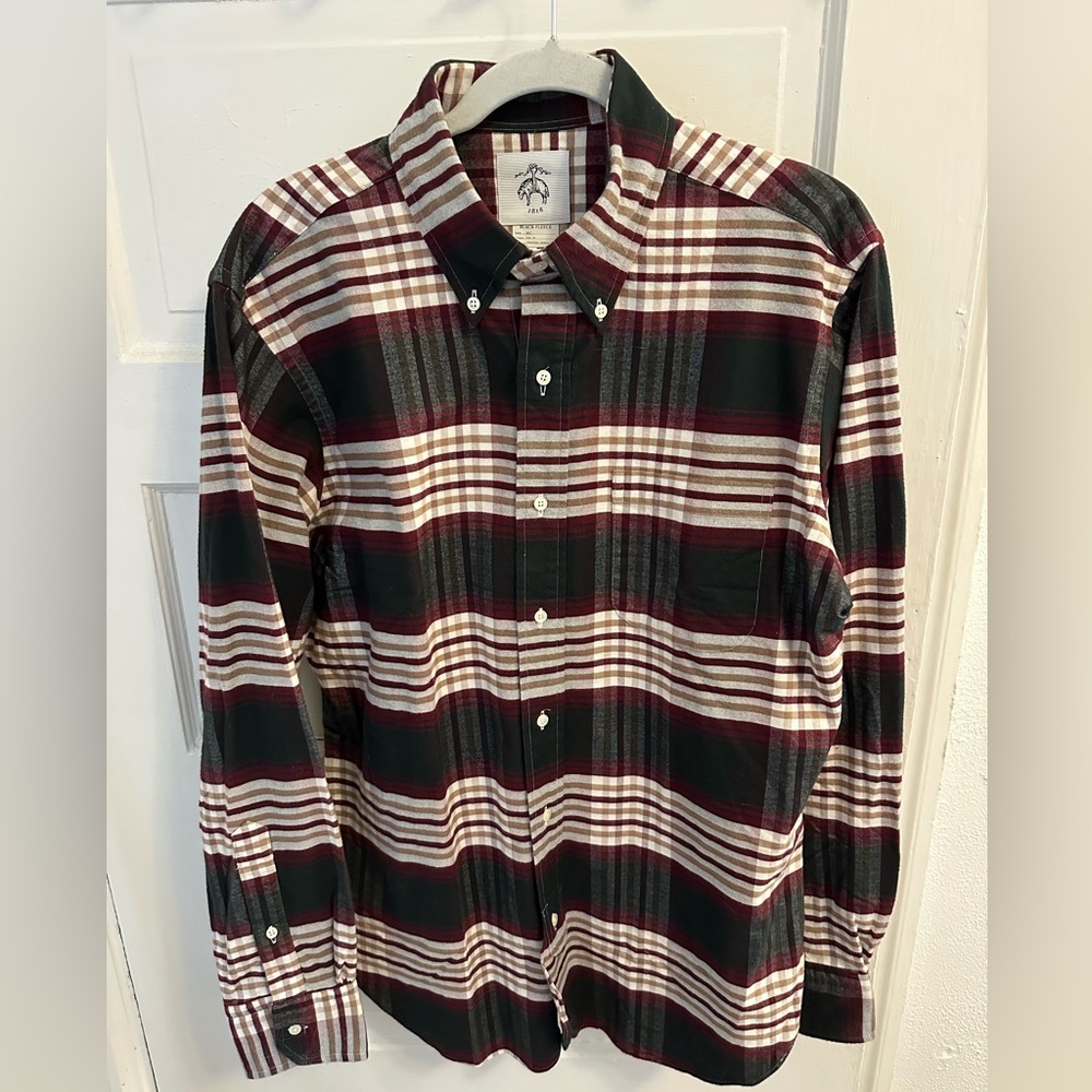 Brooks Brothers Flannel Shirt, green/burgundy/gold/white plaid